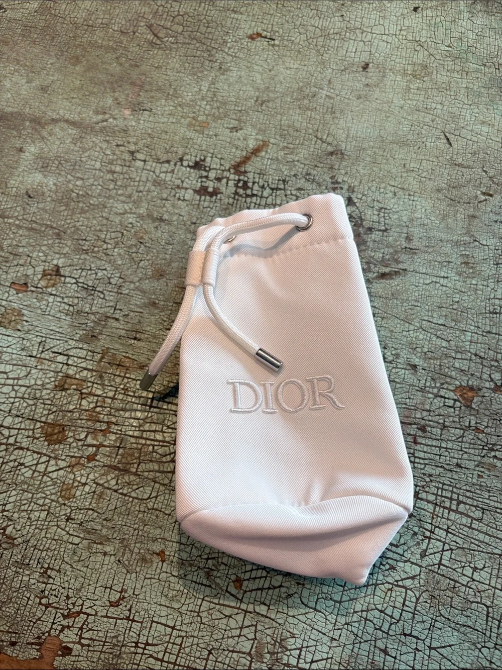 Dior Beauty White Embroidered Drawstring Cosmetic Pouch Bag